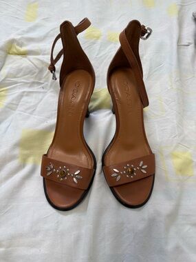 COACH Brown Leather Ankle-Strap Heeled Sandals with Stud Detail